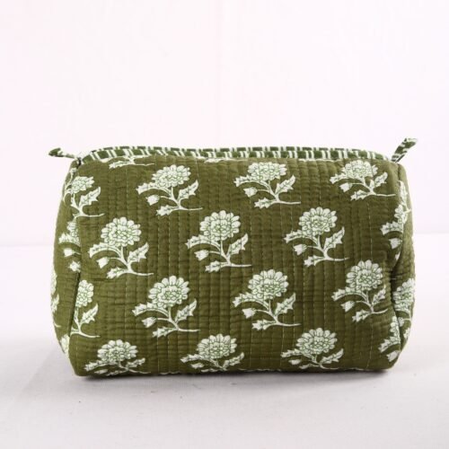 Easy To Carry Set Of 3 Cosmetic Pouches Cotton Quilted Toiletry Pouches In Olive Green - Image 3