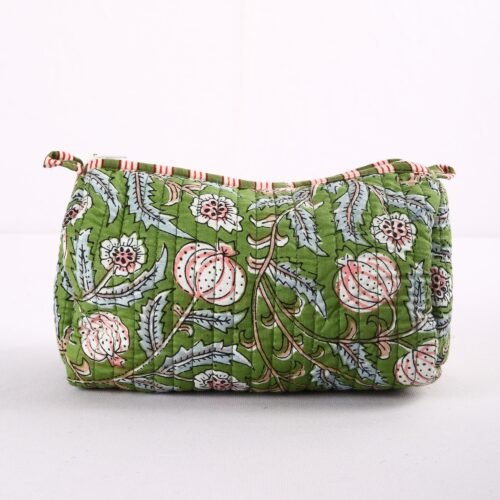 Perfect Organizer Set Of 3 Cotton Toiletry Pouches Pomegranate Flower Jaal Block Printed In Green - Image 3