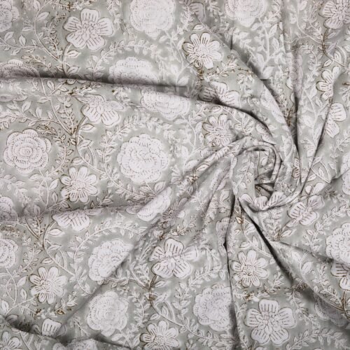 Grey Floral Hand Block Printed Cotton Fabric For Home Furnishing - Image 2