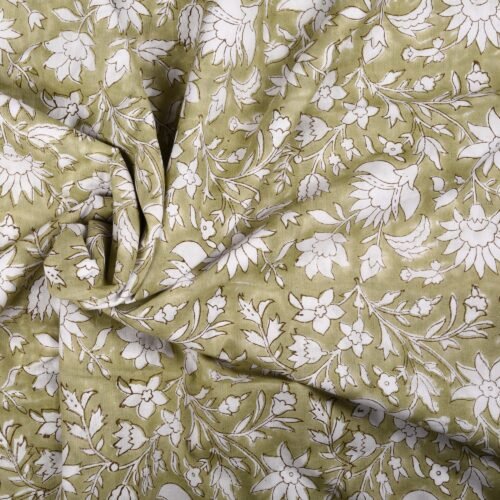 Traditional Style Floral Jaal Block Printed Cotton Fabric In Grey Green - Image 2