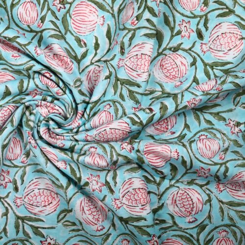 Indian Style Pomegranate Jaal Block Printed Cotton Fabric In Sky-Blue - Image 2