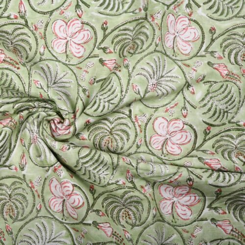 Beautiful Floral Bagh Block Printed Cotton Fabric In Lush Green - Image 2