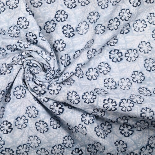 Indian Decorative Style Floral Block Printed Cotton Fabric In Blue - Image 2