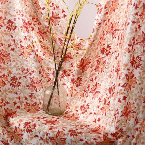 Peach Floral Block Printed Cotton Fabric For Draping - Image 8