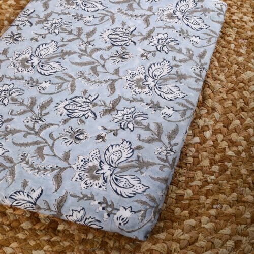 Indian Decorative Florals Block Printed Cotton Fabric In Powder Blue - Image 7