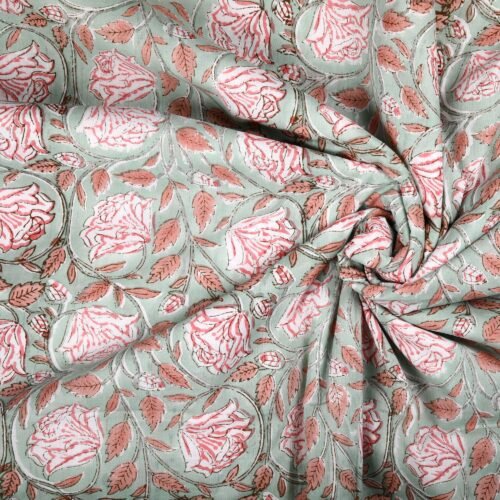 Decorative Rose Jaal Block Printed 100% Cotton Fabric In Grey-Pink - Image 7