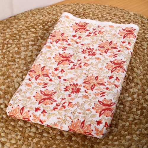 Peach Floral Block Printed Cotton Fabric For Draping - Image 2