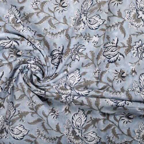 Indian Decorative Florals Block Printed Cotton Fabric In Powder Blue - Image 4