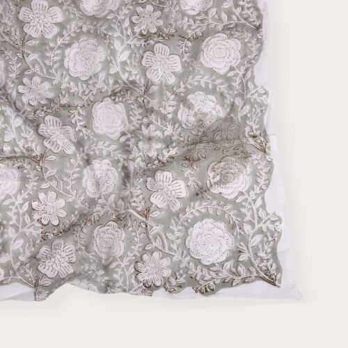 Grey Floral Hand Block Printed Cotton Fabric For Home Furnishing - Image 5