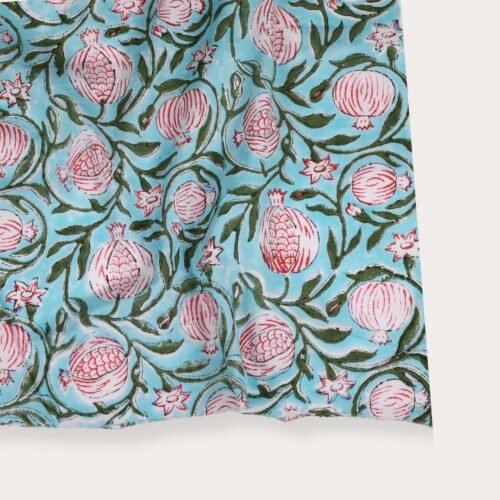 Indian Style Pomegranate Jaal Block Printed Cotton Fabric In Sky-Blue - Image 4