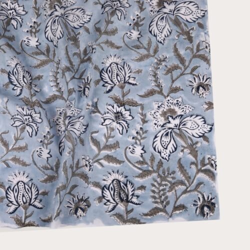 Indian Decorative Florals Block Printed Cotton Fabric In Powder Blue - Image 5