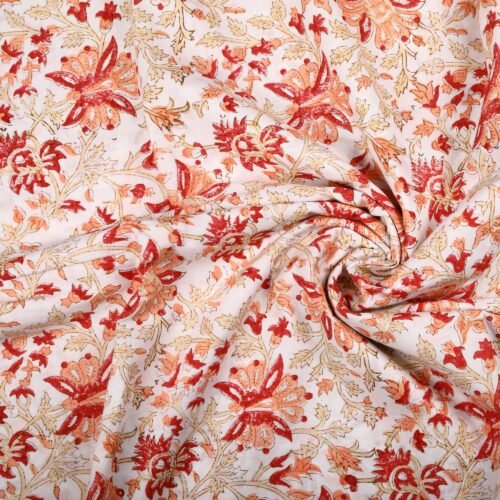 Peach Floral Block Printed Cotton Fabric For Draping - Image 5