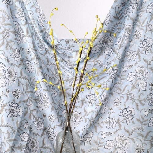 Indian Decorative Florals Block Printed Cotton Fabric In Powder Blue - Image 8