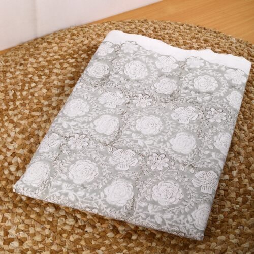 Grey Floral Hand Block Printed Cotton Fabric For Home Furnishing - Image 3