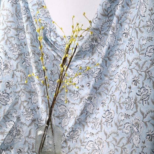 Indian Decorative Florals Block Printed Cotton Fabric In Powder Blue - Image 3