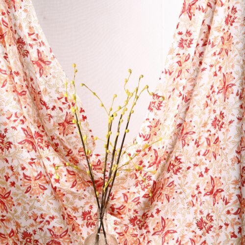 Peach Floral Block Printed Cotton Fabric For Draping - Image 3