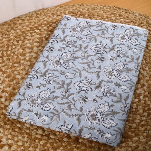 Indian Decorative Florals Block Printed Cotton Fabric In Powder Blue - Image 2