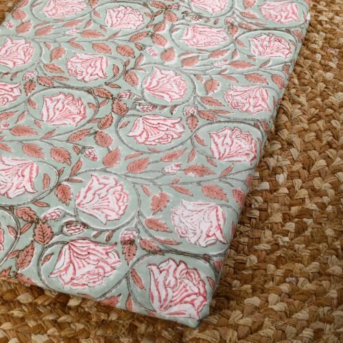 Decorative Rose Jaal Block Printed 100% Cotton Fabric In Grey-Pink - Image 8