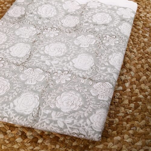 Grey Floral Hand Block Printed Cotton Fabric For Home Furnishing - Image 7