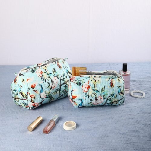 Set Of 3 Cute Cosmetic Pouches Cotton Quilted Toiletry Pouches In Sky-Blue - Image 8