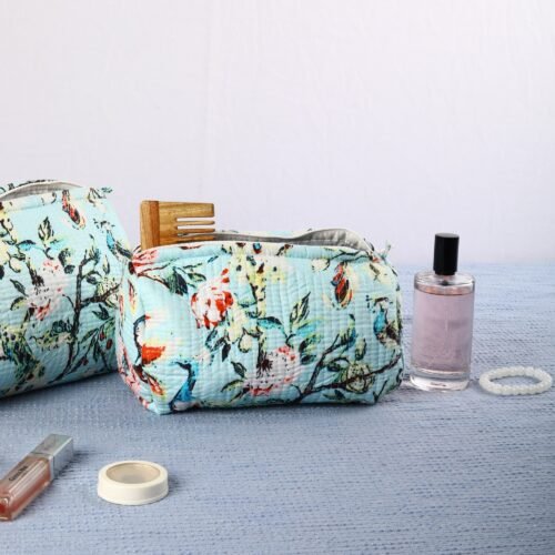 Set Of 3 Cute Cosmetic Pouches Cotton Quilted Toiletry Pouches In Sky-Blue - Image 5