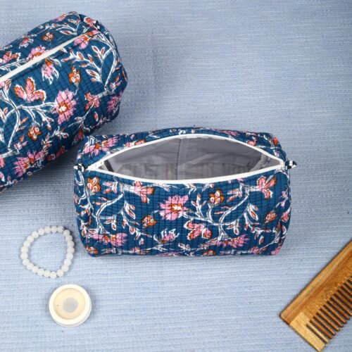 Dark Blue Floral Block Printed Set Of 3 Cotton Quilted Toiletry Pouches - Image 5