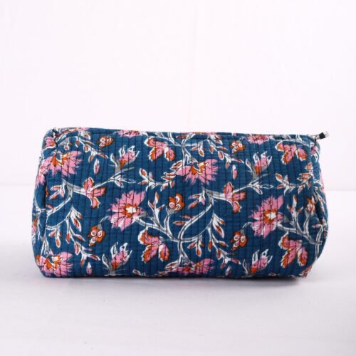 Dark Blue Floral Block Printed Set Of 3 Cotton Quilted Toiletry Pouches - Image 2