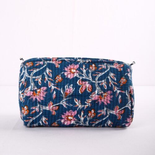 Dark Blue Floral Block Printed Set Of 3 Cotton Quilted Toiletry Pouches - Image 3