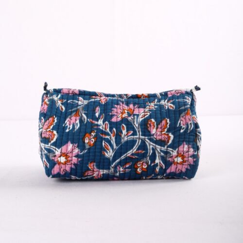 Dark Blue Floral Block Printed Set Of 3 Cotton Quilted Toiletry Pouches - Image 4