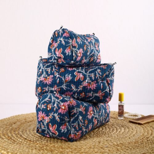 Dark Blue Floral Block Printed Set Of 3 Cotton Quilted Toiletry Pouches - Image 6