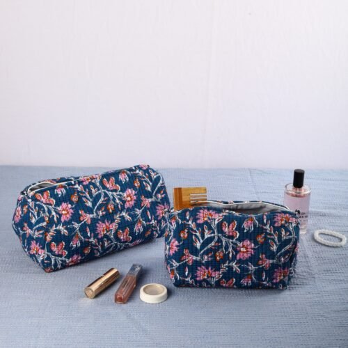 Dark Blue Floral Block Printed Set Of 3 Cotton Quilted Toiletry Pouches - Image 9