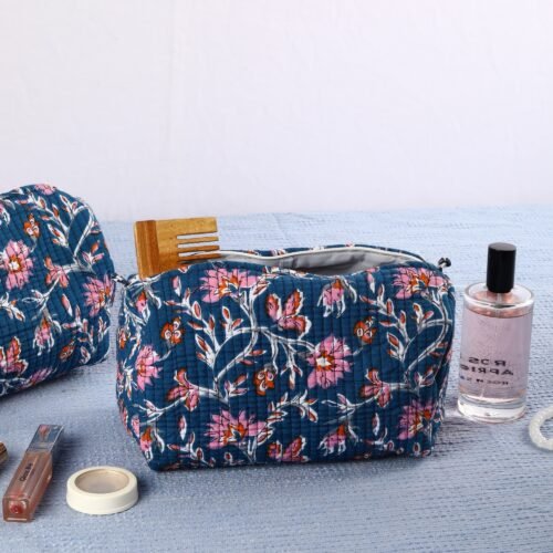 Dark Blue Floral Block Printed Set Of 3 Cotton Quilted Toiletry Pouches - Image 7