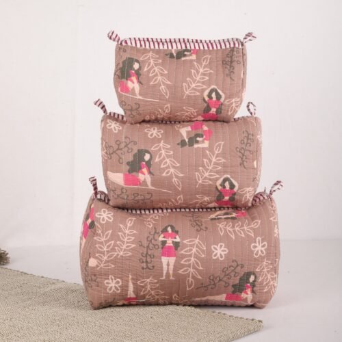 Yoga Girl Printed Set Of 3 Cotton Quilted Toiletry Pouches in Soft Pink - Image 4