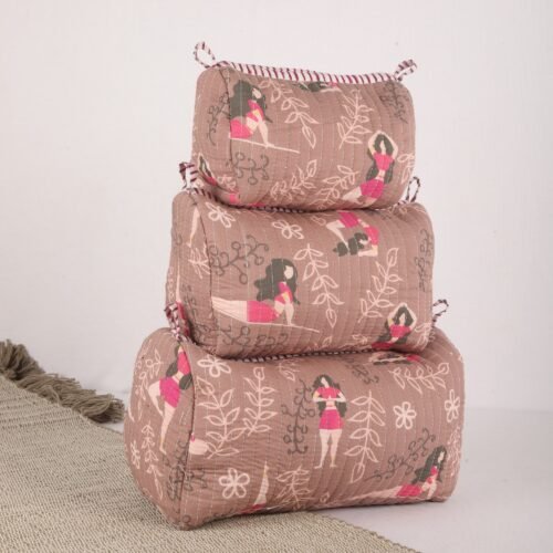 Yoga Girl Printed Set Of 3 Cotton Quilted Toiletry Pouches in Soft Pink - Image 6