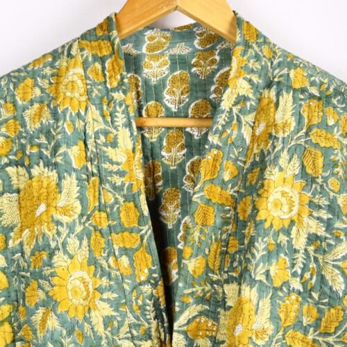 Relax Morning 100% Cotton Quilted Kimono Soft And Breathable Reversible Robe In Green-Yellow - Image 6