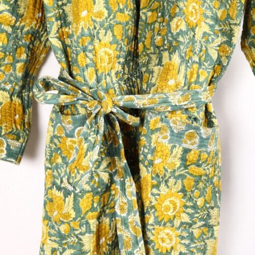 Relax Morning 100% Cotton Quilted Kimono Soft And Breathable Reversible Robe In Green-Yellow - Image 3