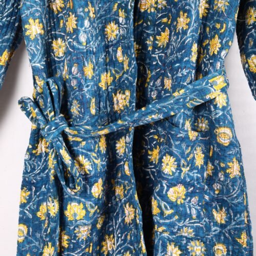 Wardrobe Essential Block Printed Cotton Quilted Kimono In Blue With Spacious Pockets - Image 5