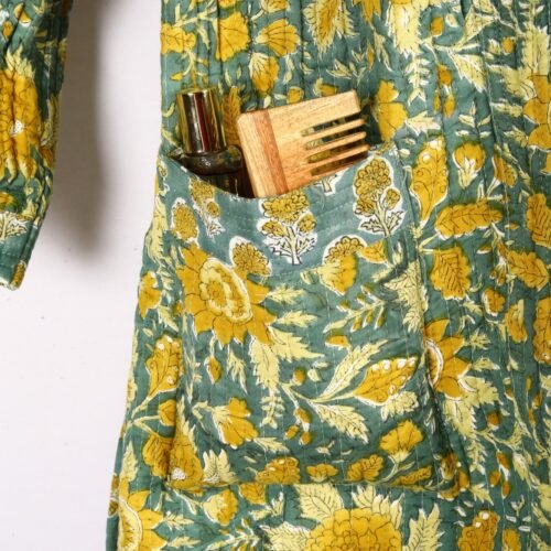 Relax Morning 100% Cotton Quilted Kimono Soft And Breathable Reversible Robe In Green-Yellow - Image 4