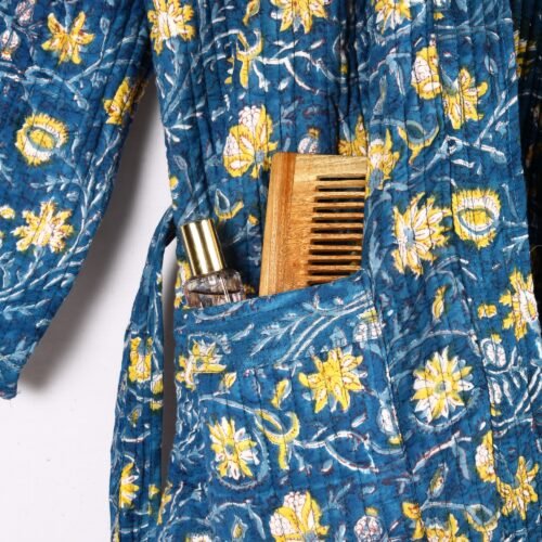 Wardrobe Essential Block Printed Cotton Quilted Kimono In Blue With Spacious Pockets - Image 6