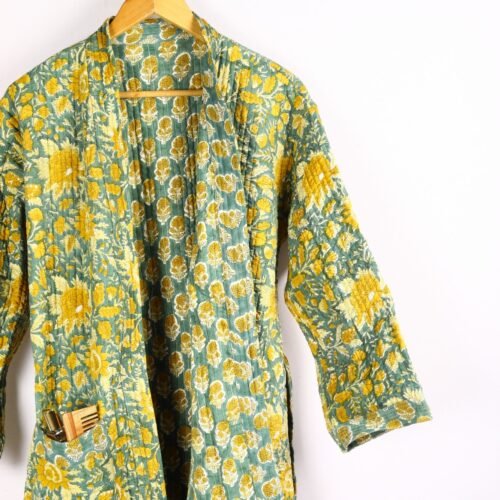 Relax Morning 100% Cotton Quilted Kimono Soft And Breathable Reversible Robe In Green-Yellow - Image 5