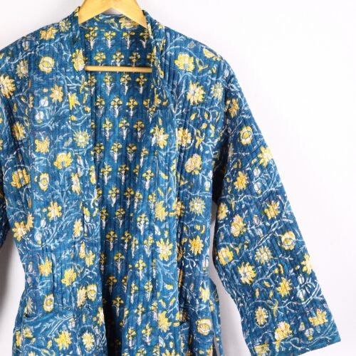 Wardrobe Essential Block Printed Cotton Quilted Kimono In Blue With Spacious Pockets - Image 2