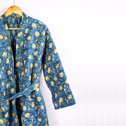 Wardrobe Essential Block Printed Cotton Quilted Kimono In Blue With Spacious Pockets - Image 4