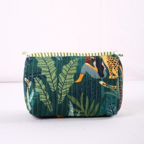 Essentials Fit Set Of 3 Lady With Leopard Love Cotton Quilted Toiletry Pouches In Tropical Green - Image 4