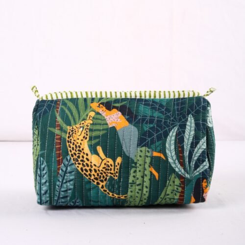 Essentials Fit Set Of 3 Lady With Leopard Love Cotton Quilted Toiletry Pouches In Tropical Green - Image 5