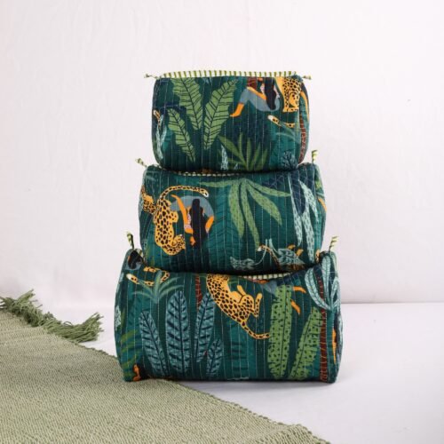 Essentials Fit Set Of 3 Lady With Leopard Love Cotton Quilted Toiletry Pouches In Tropical Green - Image 2