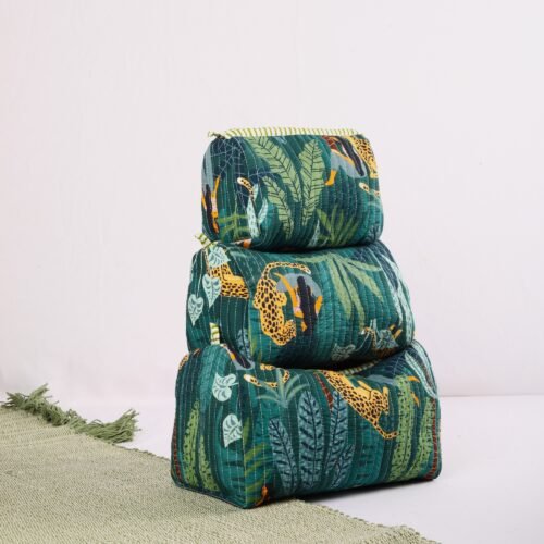 Essentials Fit Set Of 3 Lady With Leopard Love Cotton Quilted Toiletry Pouches In Tropical Green - Image 7