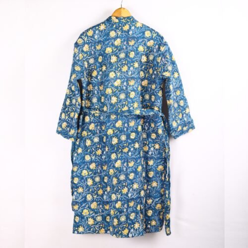 Wardrobe Essential Block Printed Cotton Quilted Kimono In Blue With Spacious Pockets - Image 7