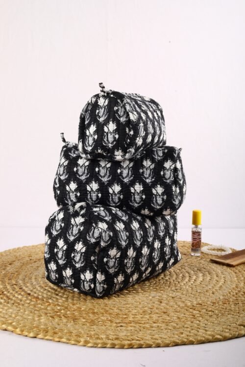 Set Of 3 Cotton Quilted Toiletry Pouches In Black Cosmetic Pouches For Gifting - Image 8