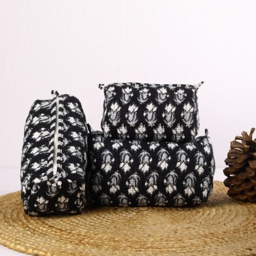 Set Of 3 Cotton Quilted Toiletry Pouches In Black Cosmetic Pouches For Gifting - Image 2