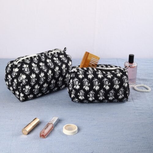 Set Of 3 Cotton Quilted Toiletry Pouches In Black Cosmetic Pouches For Gifting - Image 10